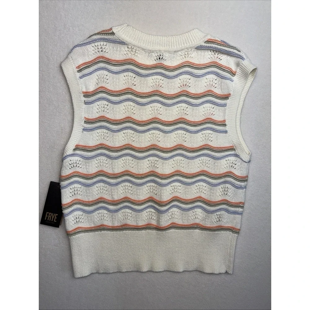 Frye Women Medium Salt Breeze Knit Vest Pointelle Combo‎ Stripe White NWT